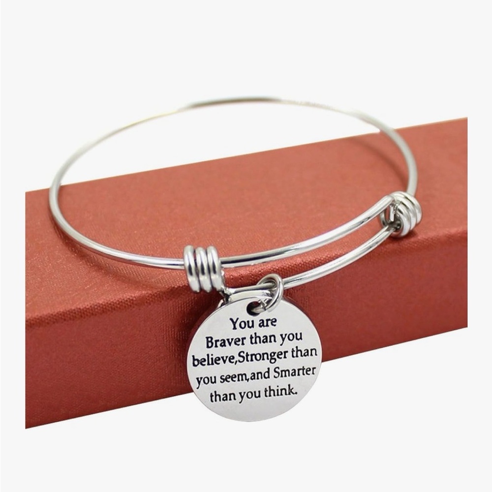 “You are braver” Inspirational Silver Bangle Bracelet